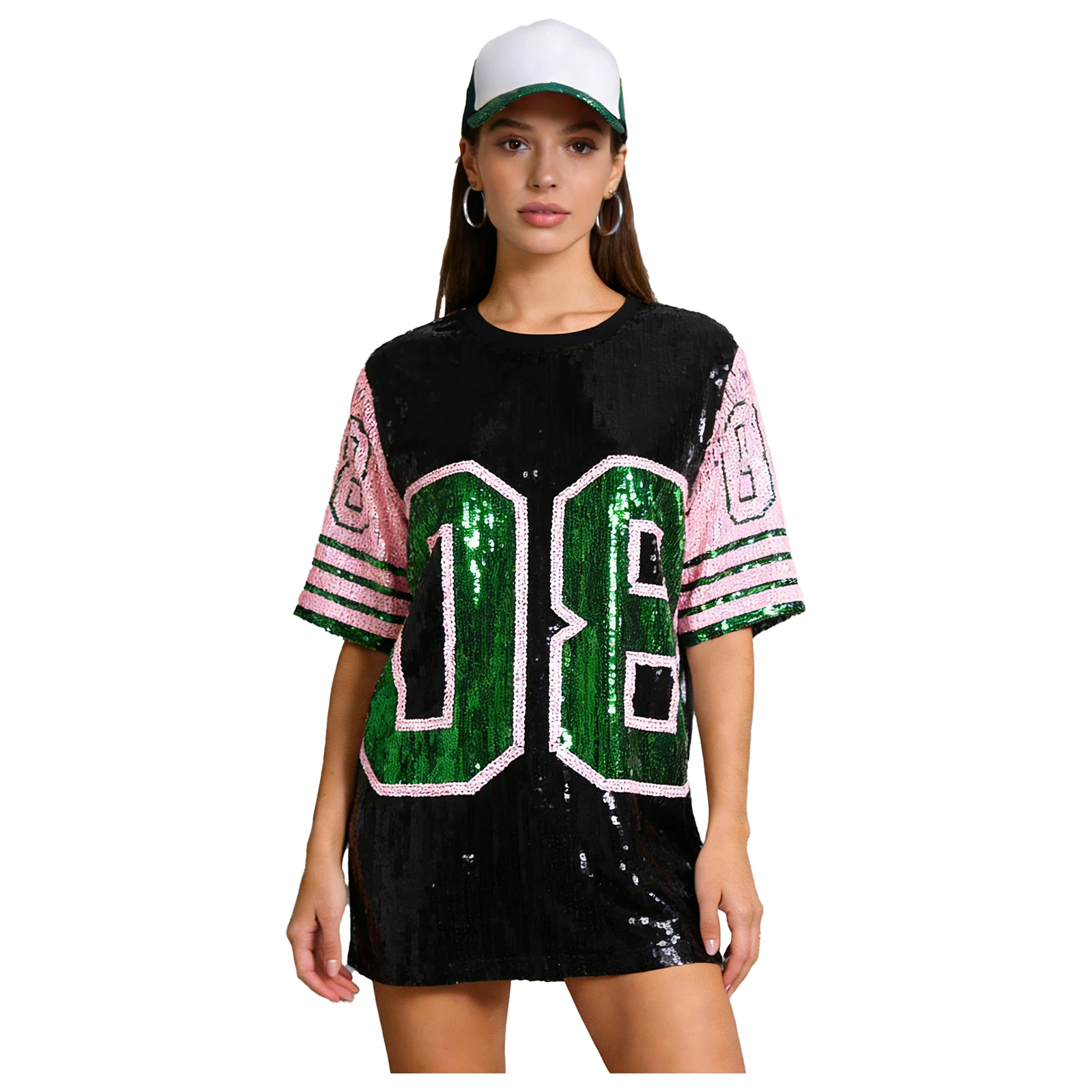 Women Adults Loose Number Graphic T-shirts Short Sleeve Sequins Patchwork Sporty Top for Watching Ball Game Raves Party Shirts