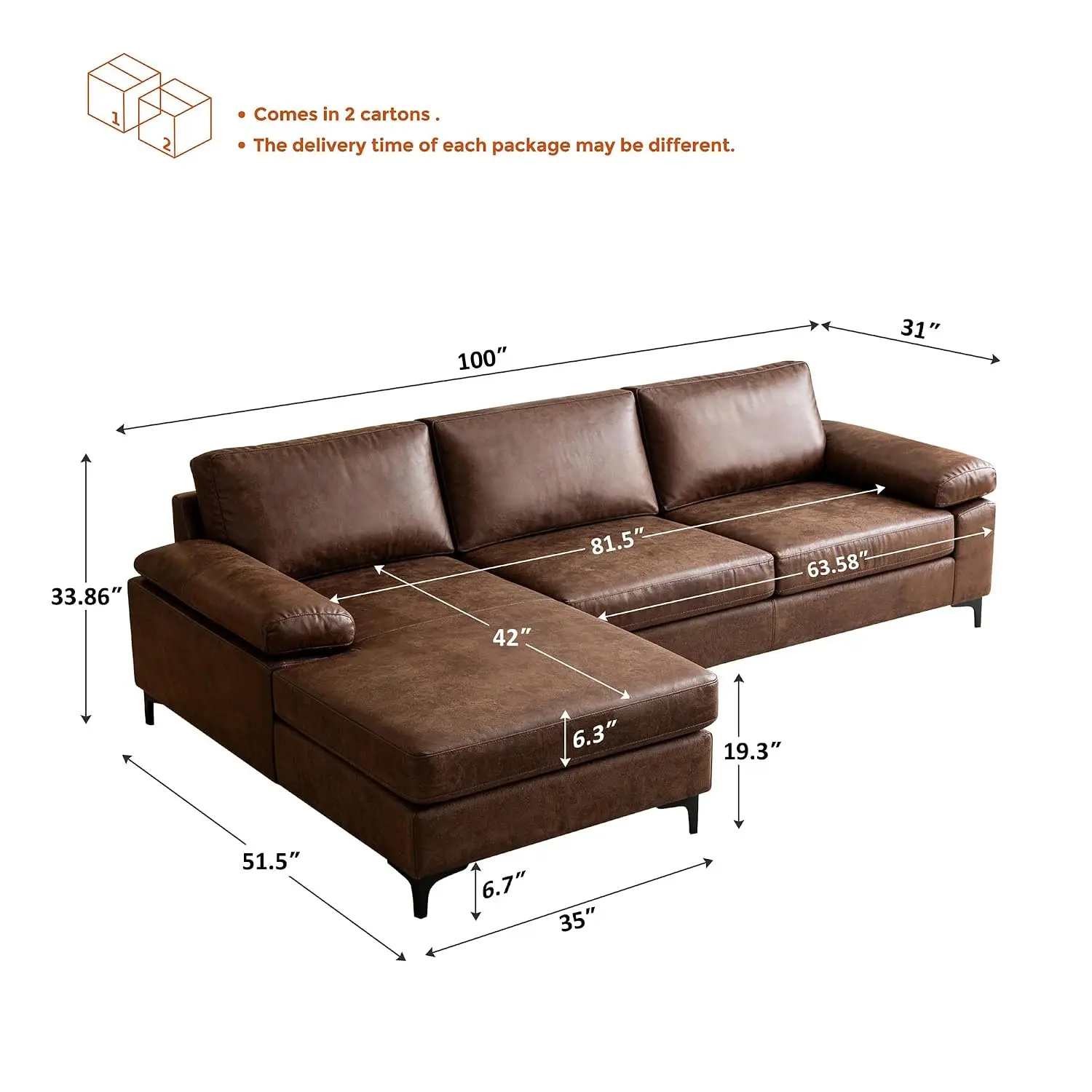 Faux Leather Reversible Chaise Sofa for Apartment Living Room, Dark Brown, Customized
