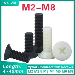 20/ 50pcs M2 M2.5 M3 M4 M5 M6 M8 Black/ White Nylon Countersunk Head Screws Plastic Phillips Flat Head Bolts Length: 4~ 40mm