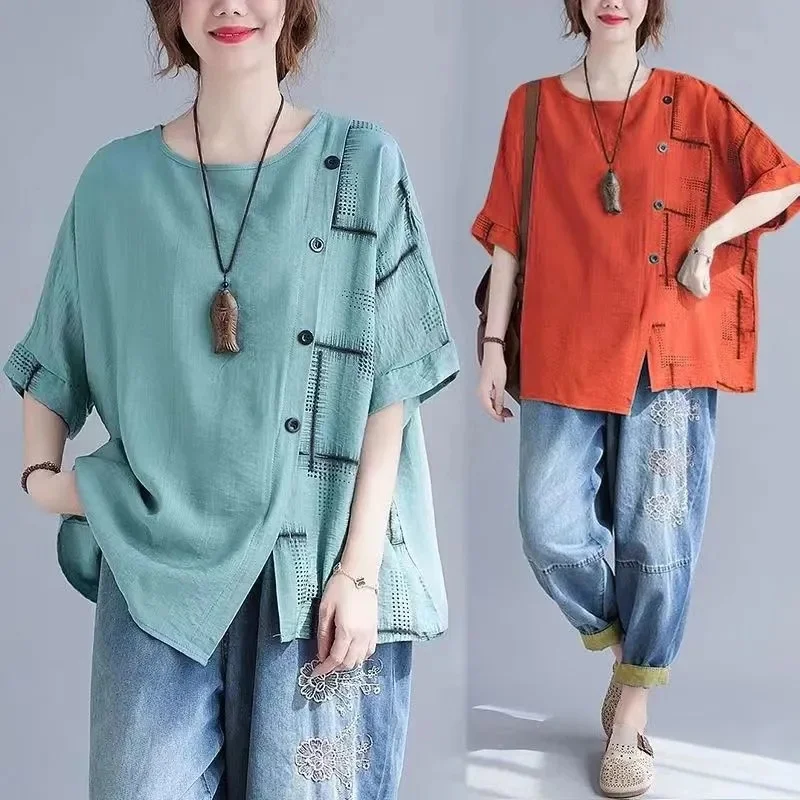 

Французская женская блузка с круглым вырезом и принтом, льняно-хлопковая, для женщин среднего возраста, большие размеры до 4XL, летняя модная рубашка с коротким рукавом