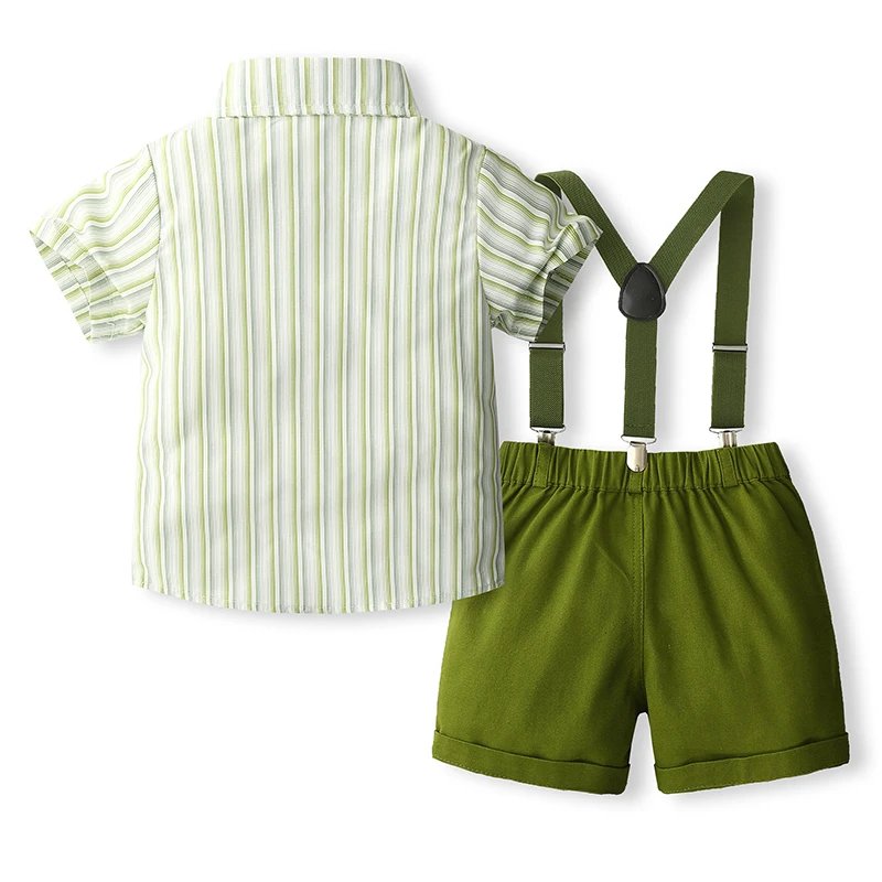 Baby Boy Summer Shorts Outfits Toddler Gentleman Suit Short Sleeve Striped Shirt Bowtie Solid Color Suspender Shorts