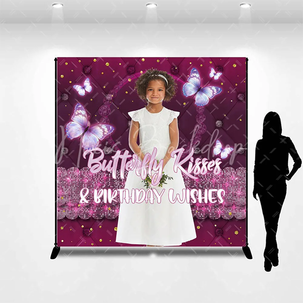 Custom Purple Butterfly Kisses Birthday Backdrop for Girl, Spring Garden Photography Background Photo Booth Decoration