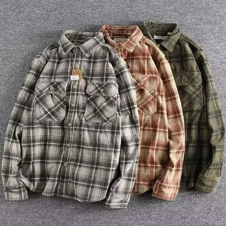 2024 New Export Japanese Vintage Plaid Slim Fit Men's Long Sleeve Shirt Fashionable Top For Foreign Trade