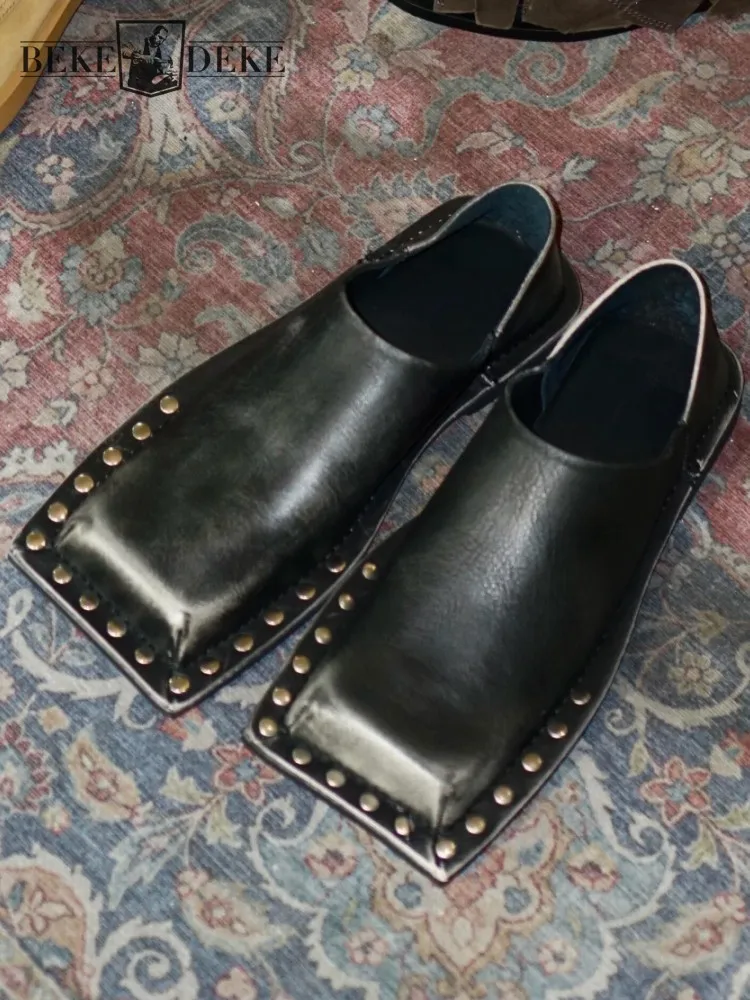 Designer Mens Women Square Toe Rivet Formal Shoes Low Cut Lace Up Cowhide Genuine Leather Vintage Breathable Casual Dress Shoes
