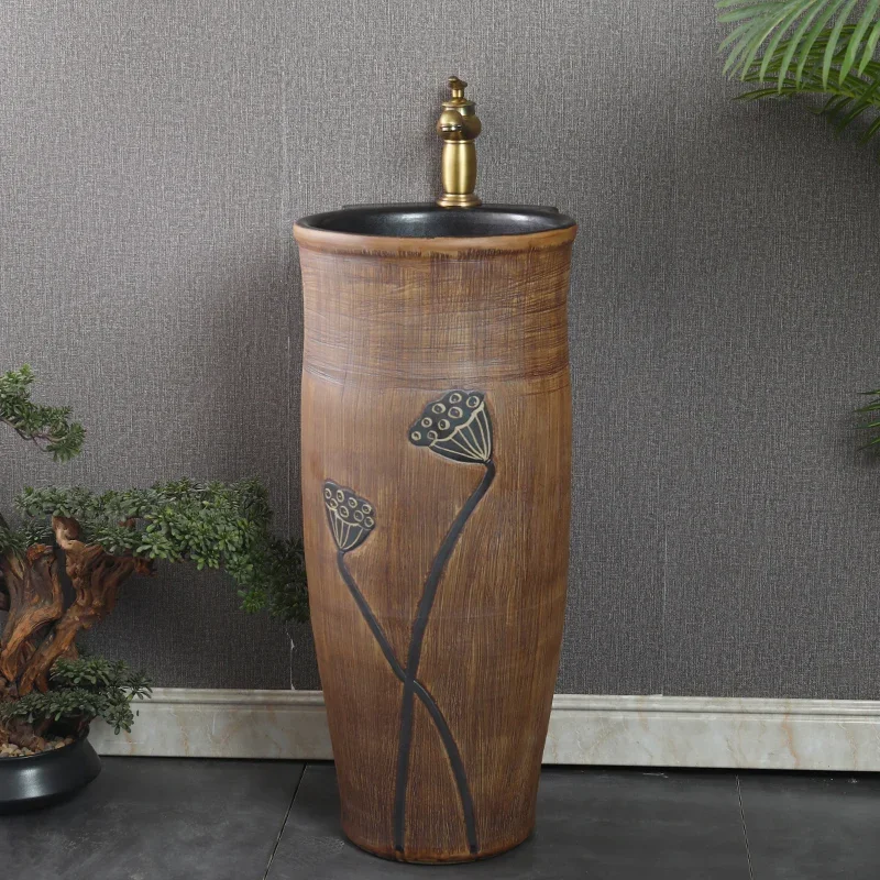 Carved ceramic pillar style washbasin balcony, floor standing washbasin integrated courtyard