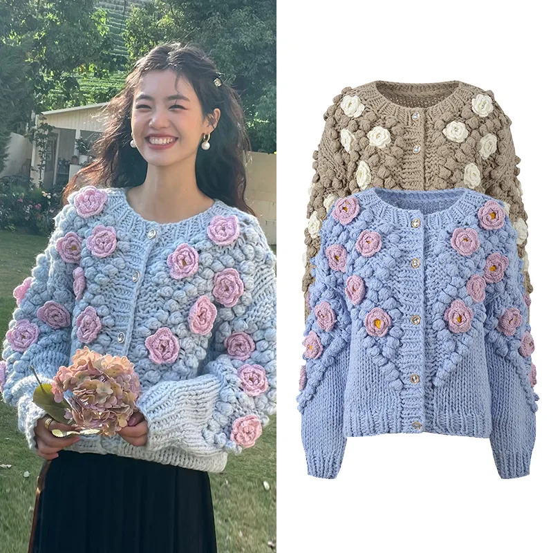 

Handmade Crochet Flower Ball Thi Needle round Ne Versatile Knitted Open Cardigan Coat Sweet Fre Sle Commute Faion
