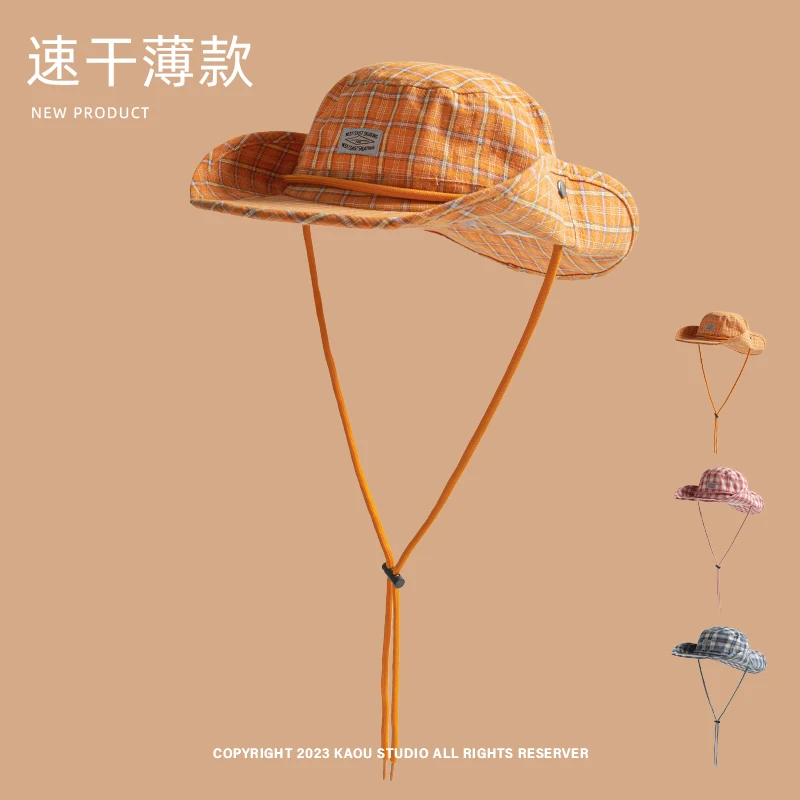 

Korean Summer Thin Sunshade Mountaineering Hat Women Korean Version Plaid Big Eaves Foldable Sunscreen Lace-up Bucket Cap