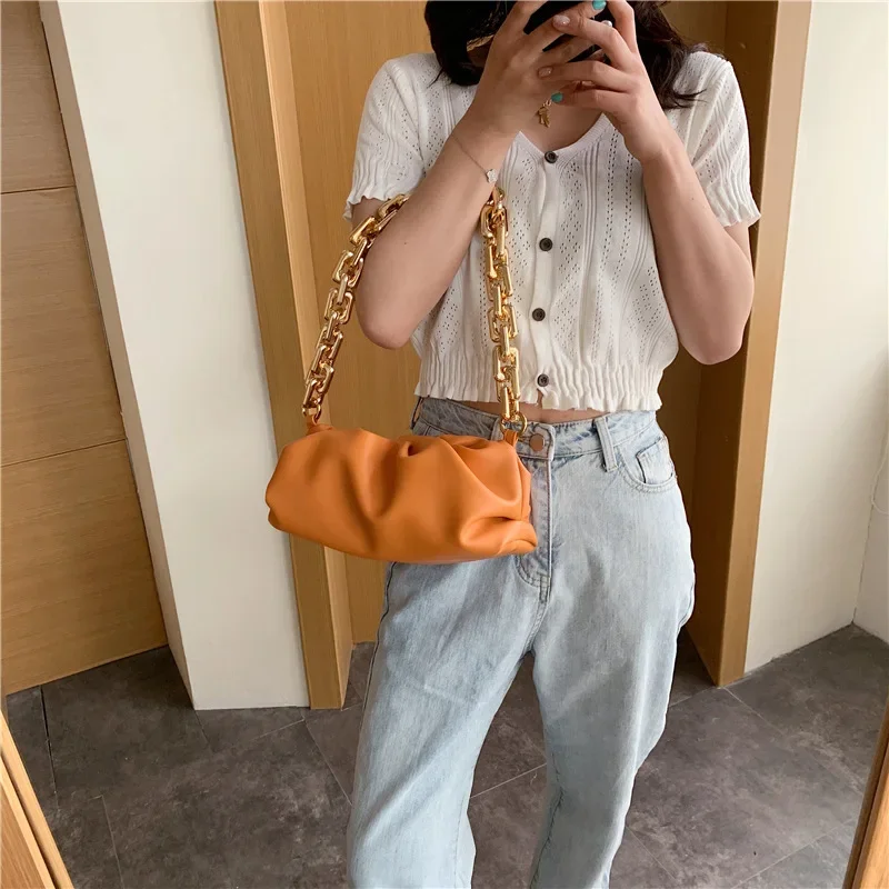 Solid Color Pleated Tote Bag Fashion High-quality Soft Leather PU Chain Handbags Designer Handbag Travel Shoulder Armpit Bag