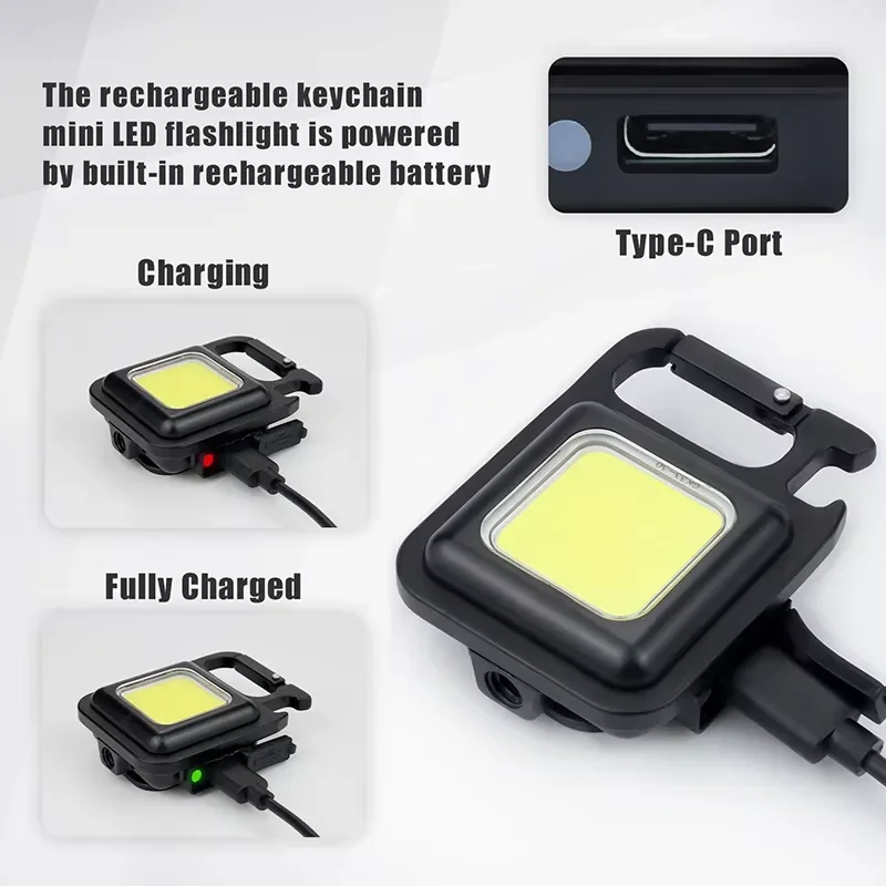 Mini LED Flashlight 1000LM USB Rechargeable COB Work Lights IPX4 Waterproof Keychain Light Lantern for Outdoor Camping Hiking