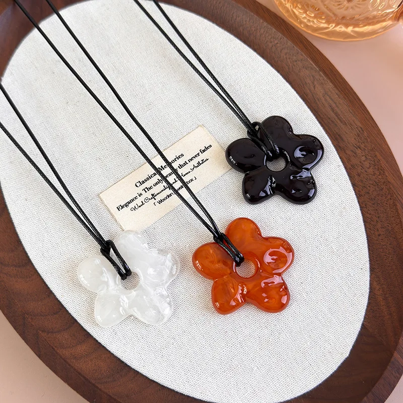 Necklace Clear Acrylic Floral Pendant with Black Cord Drawstring Adjustable Choker Women Unique Korean Elegant Classy