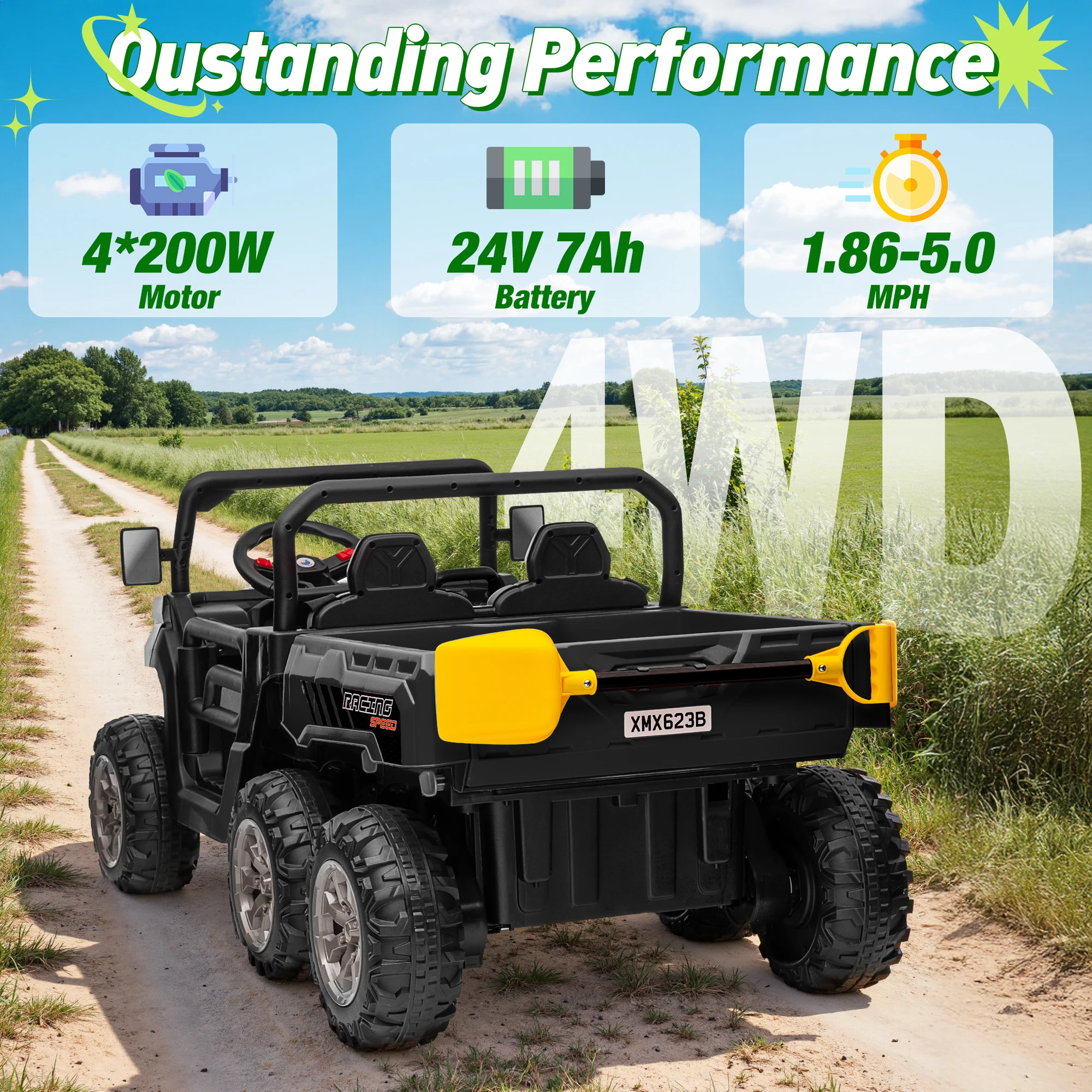 Passeio de brinquedos 24V, carro UTV de 2 lugares e 6 rodas, caminhão basculante 4WD para crianças grandes com controle remoto de reboque