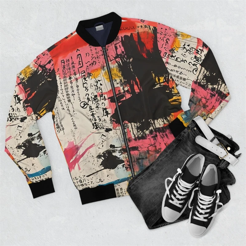 Harjauku Japanese Style Graffiti Art Men\'s Oversized 3D Jacket Sportswear Autumn Long Sleeve Zipper Sweater Baseball Jackets GYM