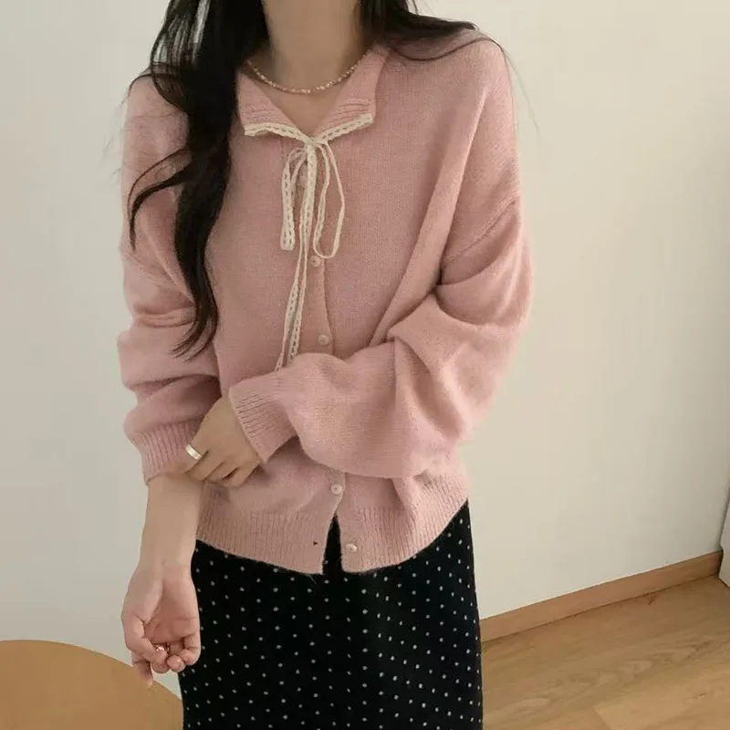 

Autumn Winter New Solid Color Versatile Soft Knitwear Woman Long Sleeve Knitting Cardigan Womens Bandage Lace Lapel Sweaters