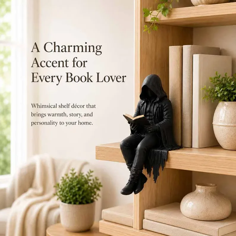 Gothic Resin Reading Skeleton Shelf Sitter Statue Cloaked Reaper Figure Halloween Creative Funny Home Craft Ornament HolidayGift