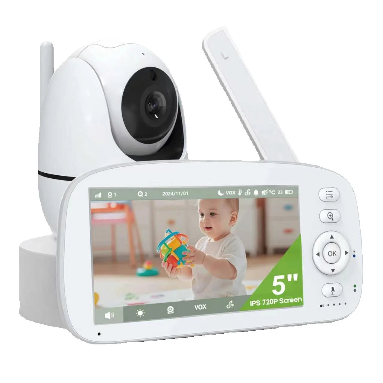 Babyphone 5 5000 mAh Videokamera mit Bewegungserkennung, 720P, HD, Geräusch- und Temperaturüberwachung, 2-Wege-Kommunikation, 360° °   Ansicht, Musik