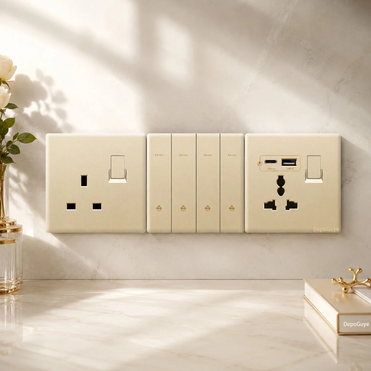 Gold UK 13A with USB Type-c 18W 3.1A Fast Charging Socket,Ultra-Thin Wall light Switch Panel,Universal Dual 3pin Power Outlet
