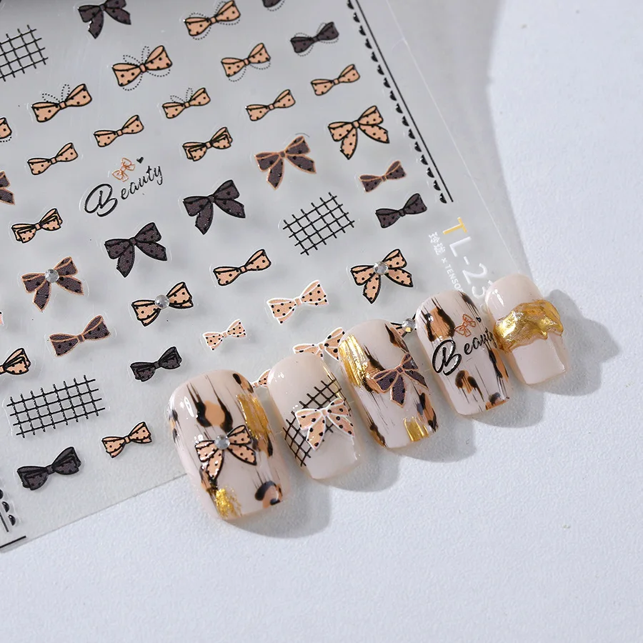 Chic Bowknot ผ้าไหมริบบิ้น Tie Knot Cherry Gold Stamping กาวเงา 5D สติกเกอร์เล็บ Dreamy Tender Elegant เล็บ Decal