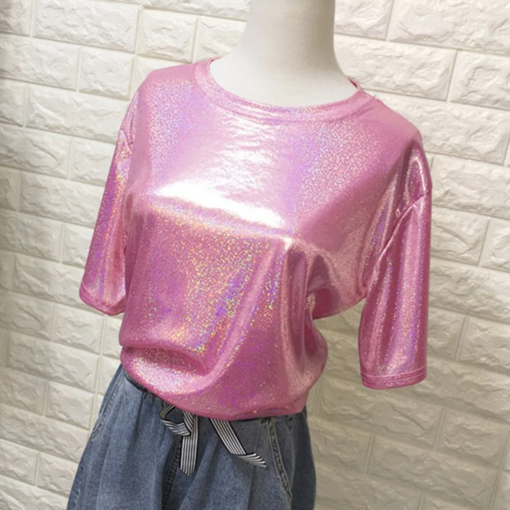 Womens Summer Solid Short Sleeve Round Neck Loose Polyester Tee Top Shiny Finish for Casual Daily and Holiday Wear