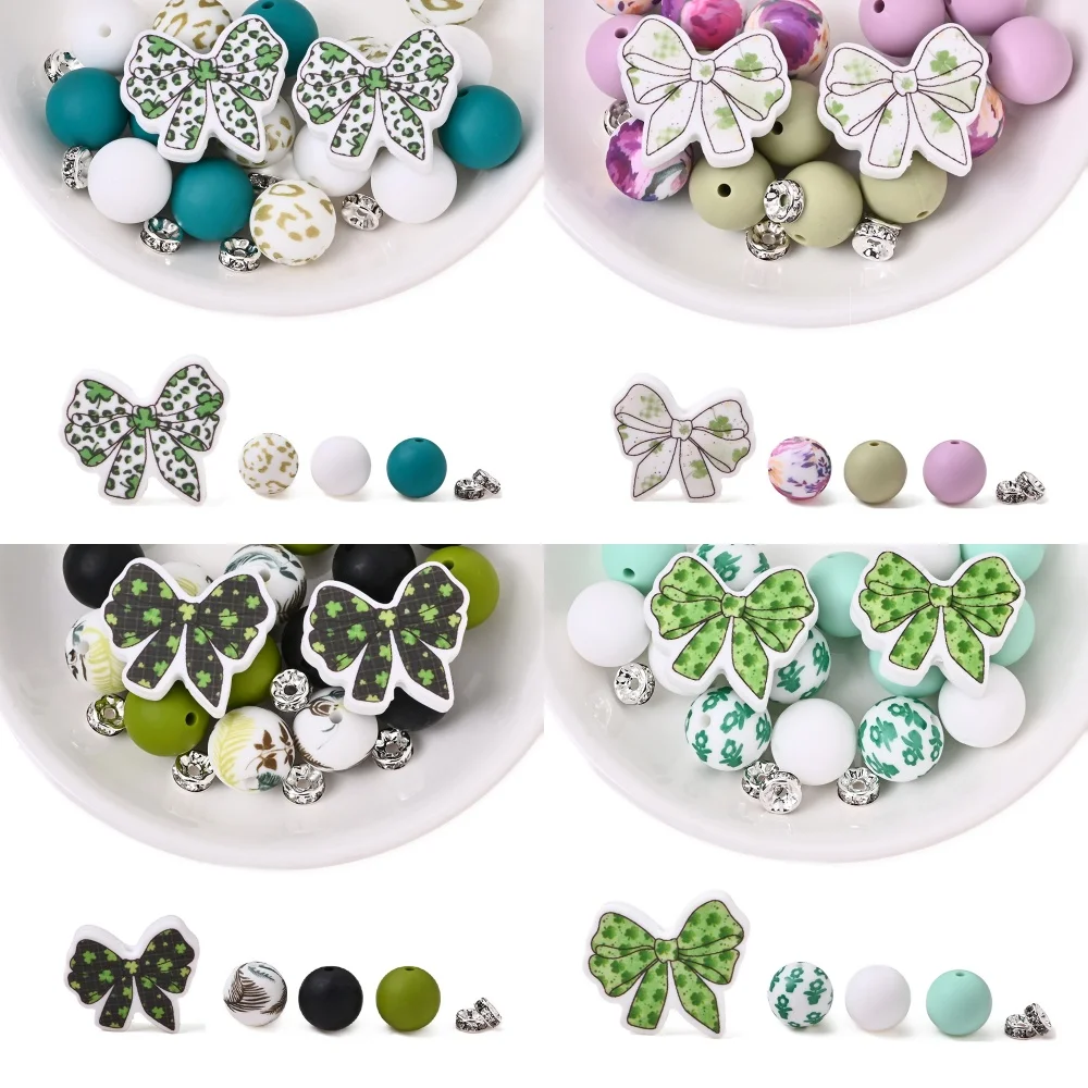 15Pcs 10 Styles Bowknot Silicone Beads Round Loose Beads For DIY Jewelry Making Beaded Pen Pacifiers Clip Accessories