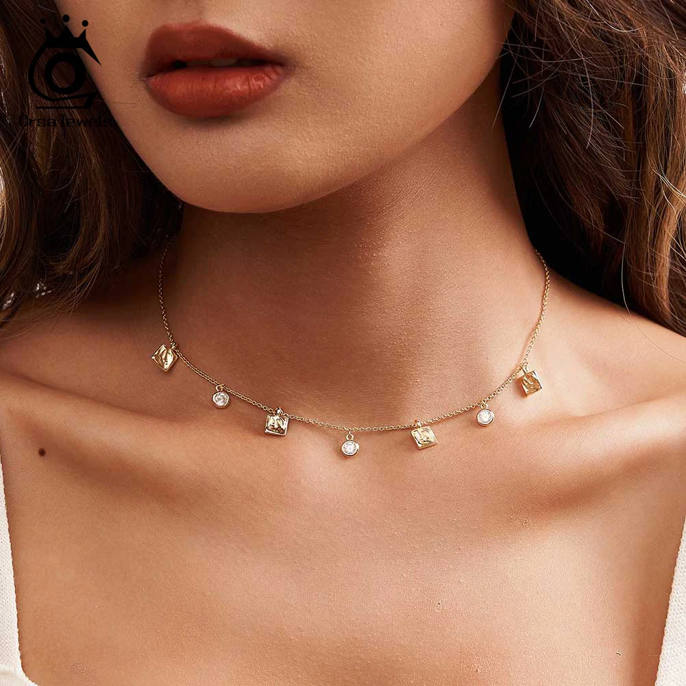 ORSA JEWELS 925 Sterling Silver Necklace with Geometric 5A Clear CZ Chain Classic Colar for Women Party Fine Jewelry BQN01