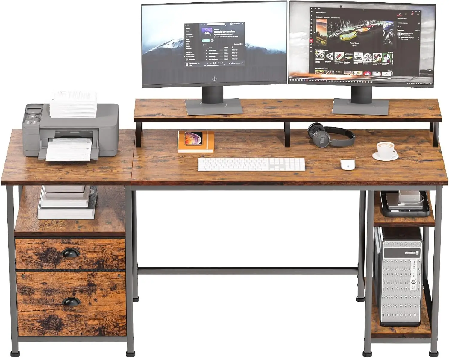 

61" Desk with Fabric File Drawer, Reversible Computer Desk with Shelves and Drawer, Industrial Writing Desk with Monit