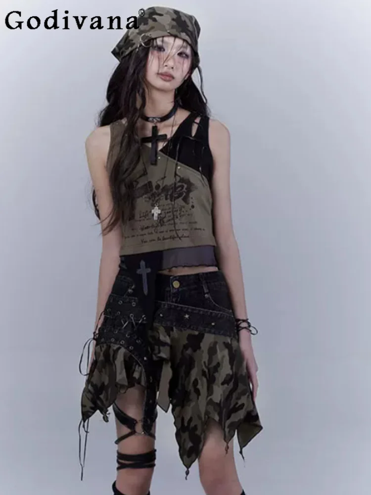 Summer New Sexy Girl Print Short Green Personalized Vest Tops Fashion Versatile Do Old Lace-up Irregular Low-rise Denim Culottes