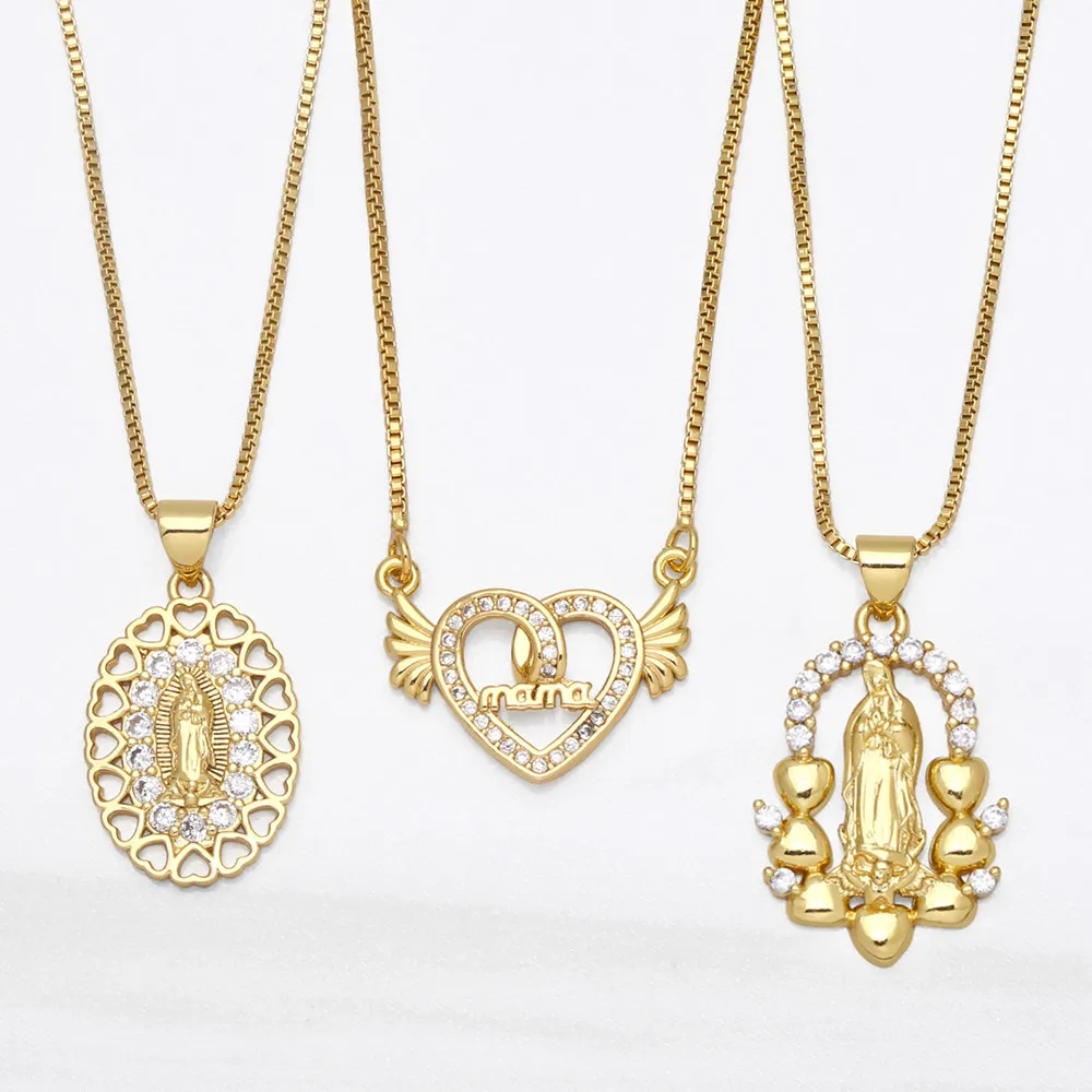 FLOLA-Collar chapado en oro de la Virgen María, collar de cobre, circón, piedra de cristal, letra mama, joyería cristiana nkeb035