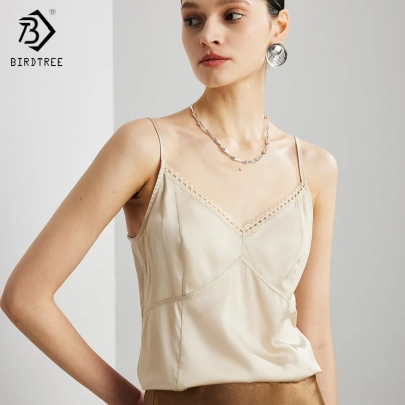 

Birdtree, бретелька из 90% шелка, 10% спандекса, женские шелковые эластичные атласные топы на бретельках, однотонные топы, новый повседневный жилет 2025 T5D823JF