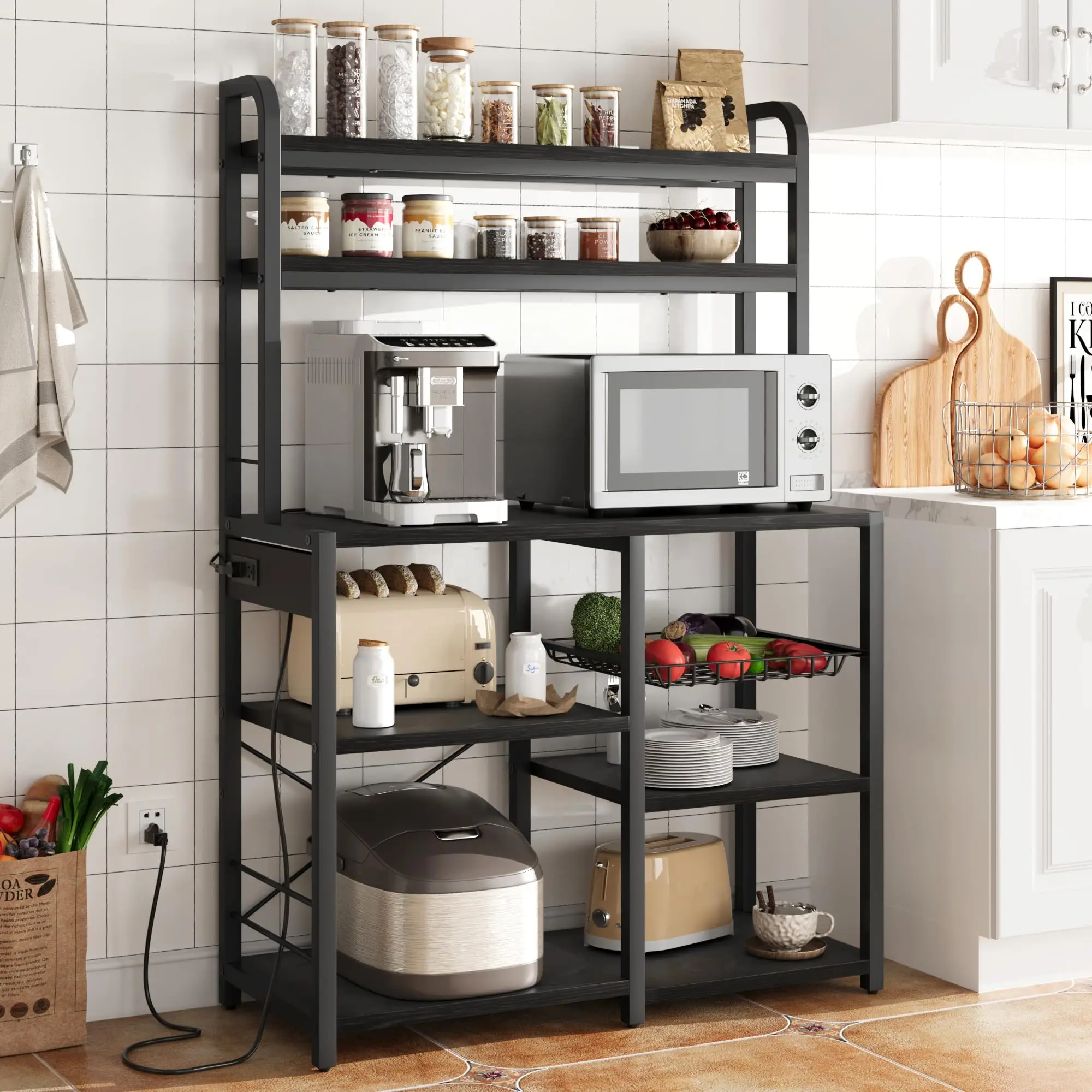Bakers Rack with Power Outlet, 5-Tier Microwave Stand with Wire Basket, Coffee Bar Station, Kitchen Open Storage