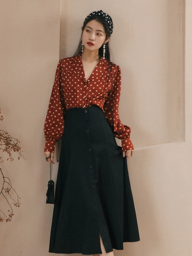 

2022 New Women's Retro Dress Fashion Two-piece Set Dresses Polka Dot Shirt With Long Button Skirt Romantic Vintage Elegant Lady