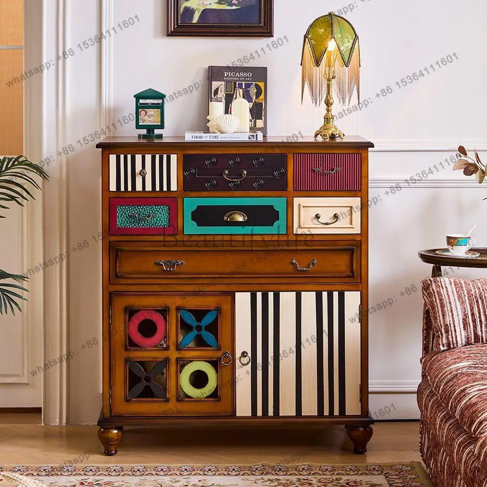 Zj. American retro color contrasting multi-bucket storage cabinet, creative splicing painted cabinet