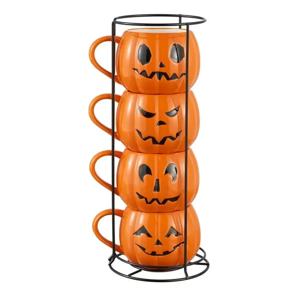 Halloween Orange Pumpkin Stoneware Mug Set with Iron Rack Set of 4 Seasonal Mugs Distinct Facial Expression Dishwasher &