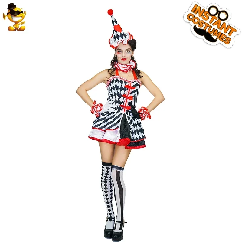 Clown Costume Women Halloween Fancy Dress Adult Funny Circus Clown Costumes Cosplay Party Dress Role Play Clothing with Hat MS34