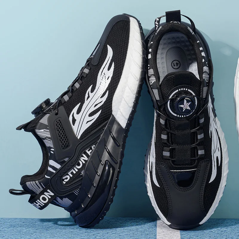 

Men's Rotary Button Sneakers Breathable Mesh Running Shoes Non-Slip Thick Sole Casual Sports Footwear Outdoor Walking Trainers
