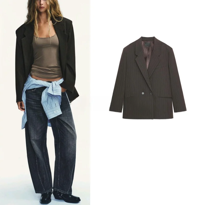 سترة نسائية جديدة للخريف بأكمام طويلة وياقة مقلوبة، تصميم فضفاض وأنيق بنمط مخطط، مصنوعة من ألياف البوليستر للارتداء اليومي #2