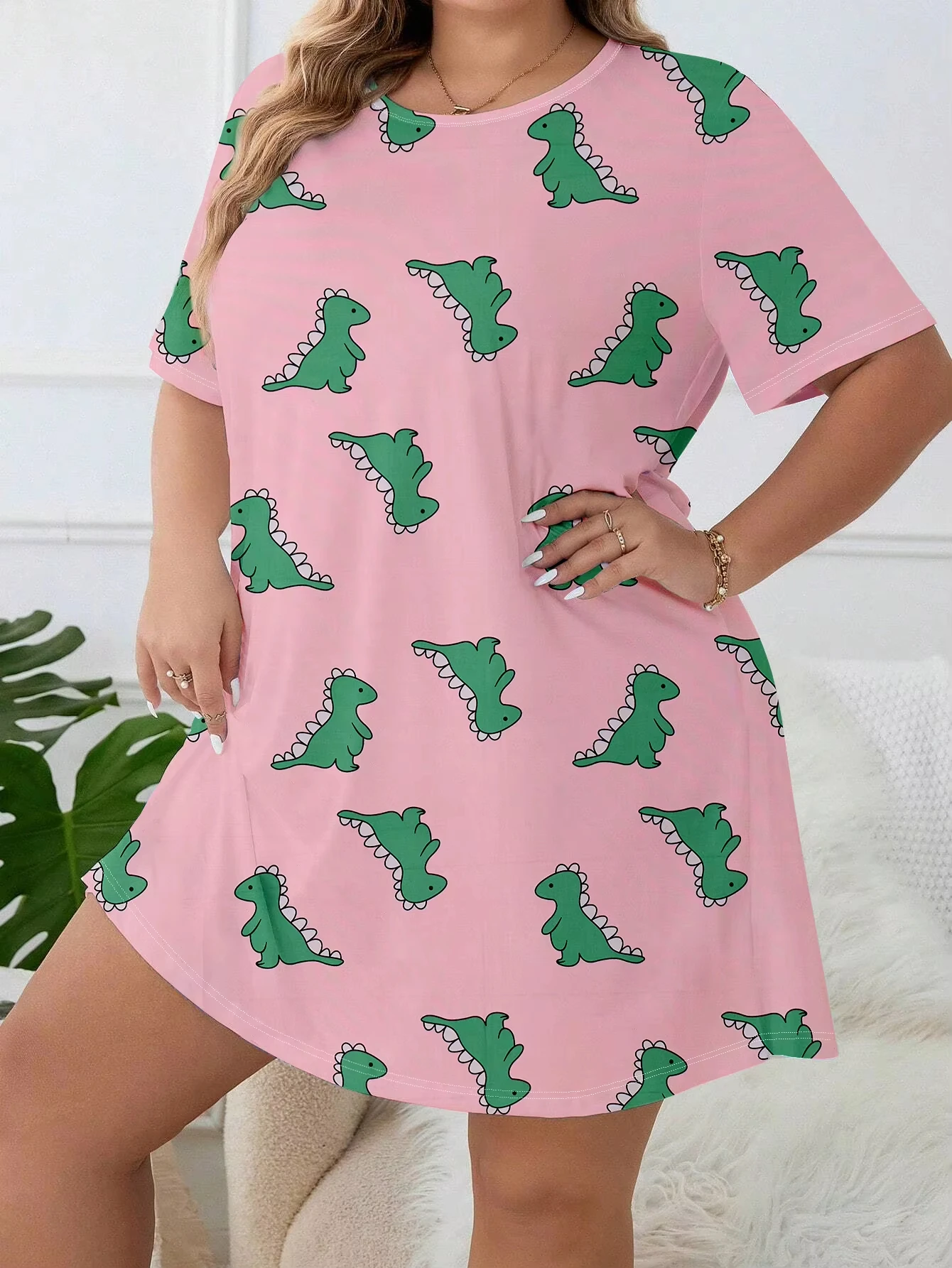 

Home wear, casual wear, cartoon dinosaur dress, plus size dress, imitation cotton material, 2025 new home pajamas