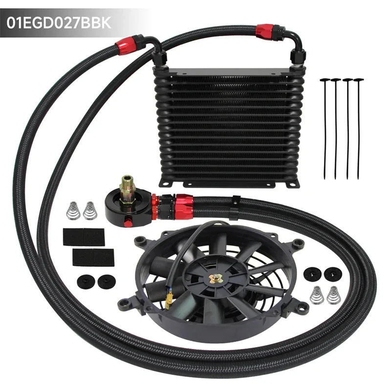 

15 Row Uinversal 32mm AN8 3/4"-16 UNF Aluminum Engine 226MM Oil Cooler Kit + Oil Filter Adapter + 7" Electric Fan