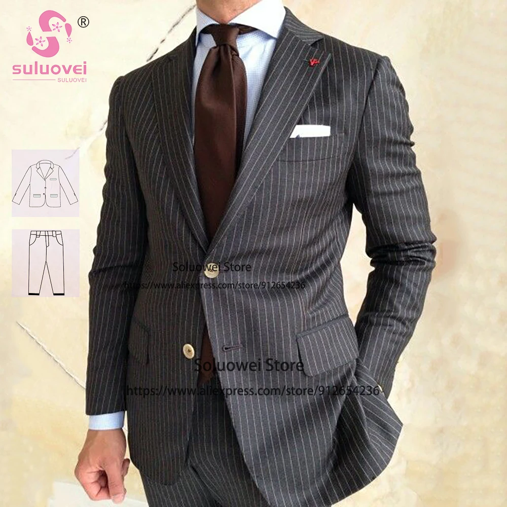 Elegant Grey Pinstripe Suit For Men Slim Fit 2 Piece Jacket Pants Set Formal Groom Wedding Peaked Lapel Tuxedo Vestidos De Novia