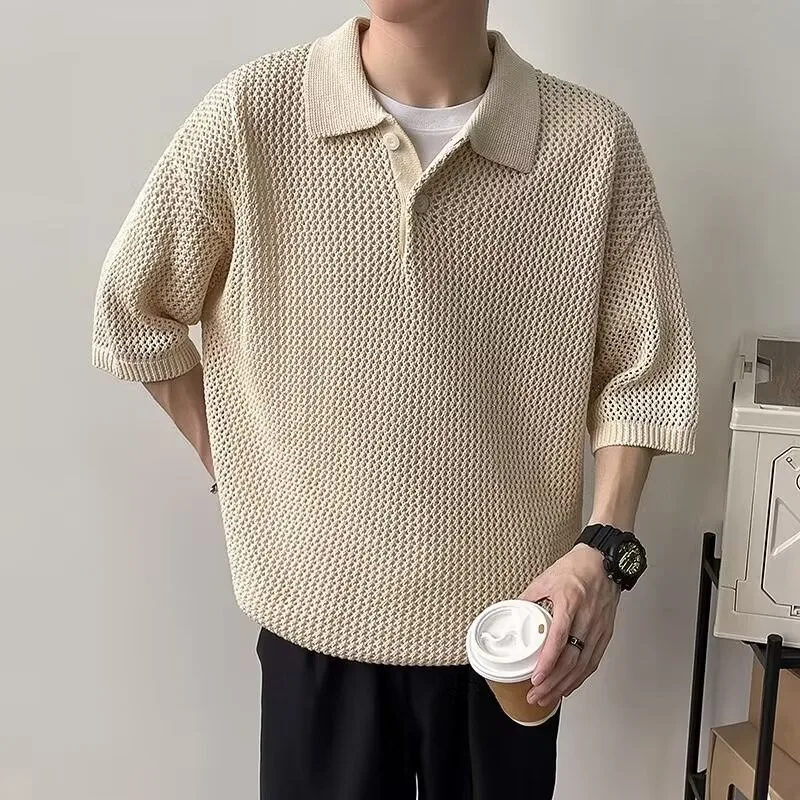 

Men's Clothing Luxury Knitted Polo Shirt Casual Striped Button Down Solid Color Short Sleeve Tees Breathable 2024 New Knitwear