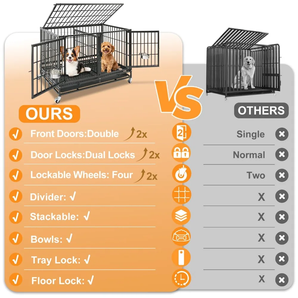 43 inch Dog Crate Stackable Heavy Duty Dog Kennel Indoor, 2 Tiers