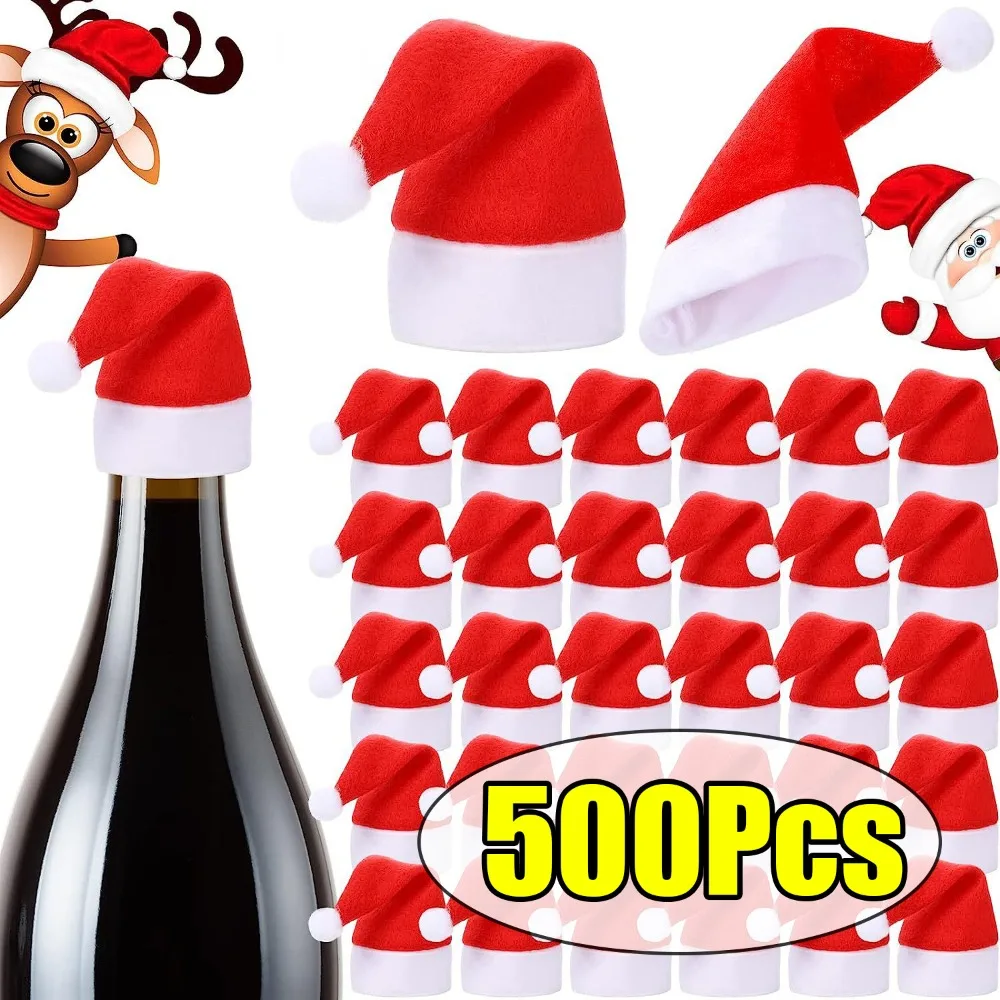 

1-500Pcs Mini Christmas Santa Hat Wine Bottle Covers Lollipop Hat Knife and Fork Cover Ornament Party Tableware Decora Supply