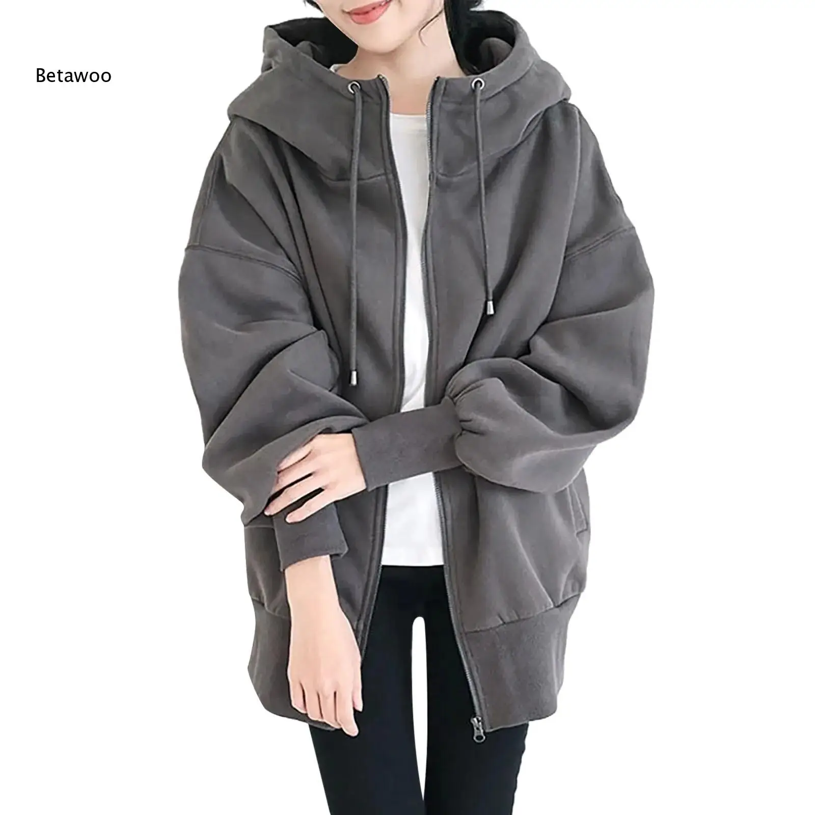 Women Zip Up Fleece Hoodie Long Sleeve Drawstring Casual Loose Fit Plush Lined Sweatshirt Tops