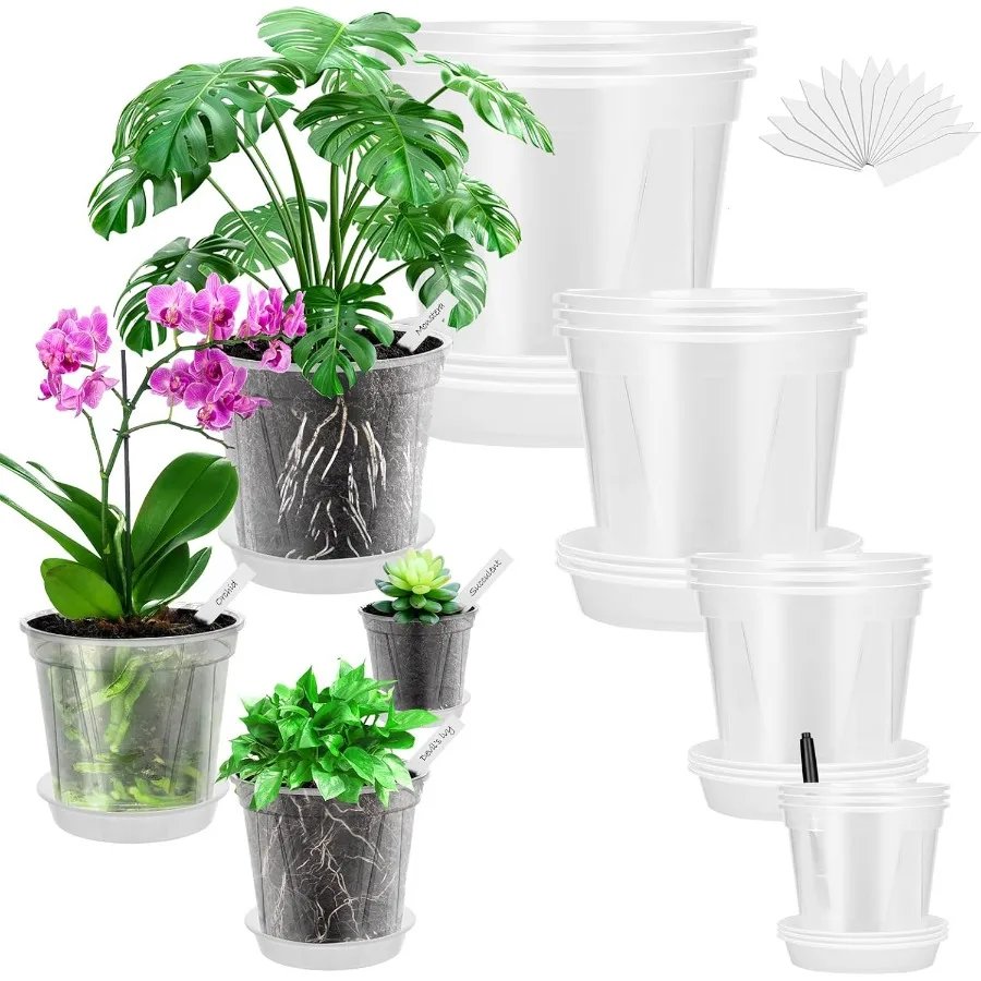 

12 Pcs Clear Plant Pots with Saucers Drainage 3.9 4.7 5.5 6.3 Inches Reinforced Clear Orchid Pots for Houseplants Succulents Ca