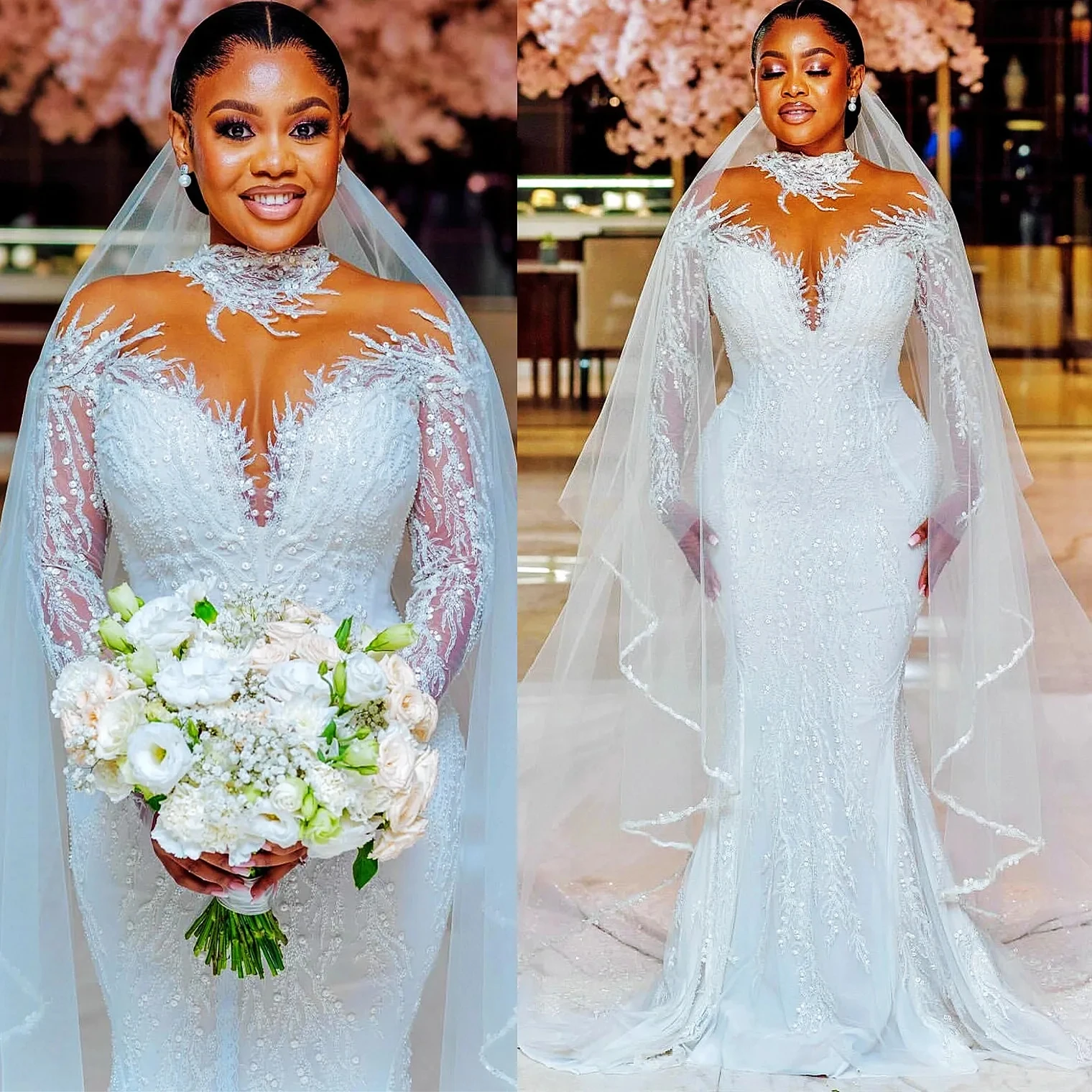 

2025 Vintage African Wedding Dress High Illusion Neck Seeves Lace Beads Sequins Mermaid Bridal Bride Gowns Vestidos De Noiva