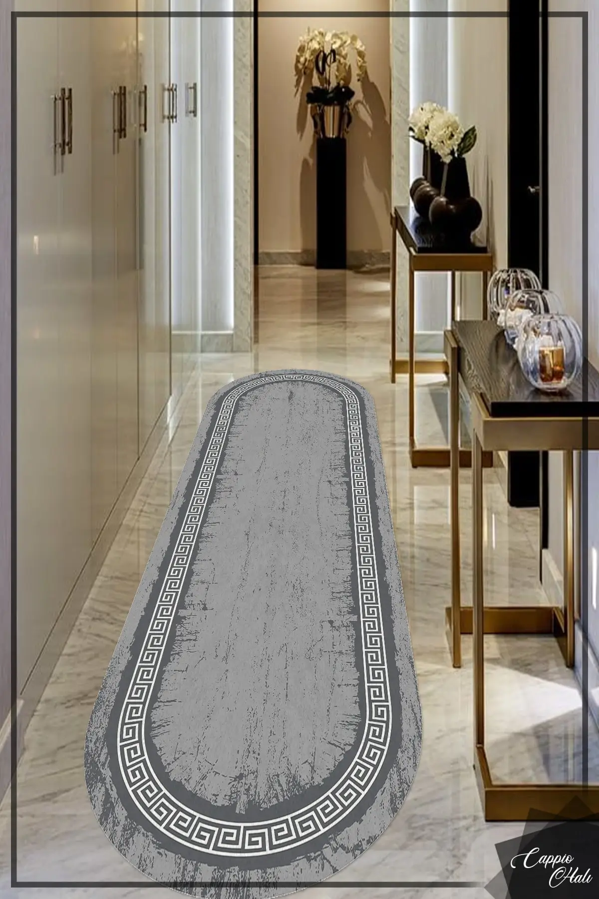 DOLBOVI gray chain patterned Eskitme Oval carpet (non-slip leather sole machine washable) -cp1082