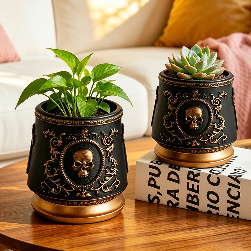 Gothic Skull Embossed Flower Pot Black Gold Resin Planter for Succulents Small Plants Home Office Desktop Window Decoration