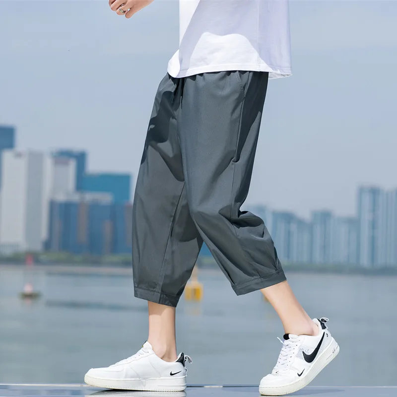 FGKKS Summer Men Casual Pants Ice Silk Thin Solid Color Cropped Pants Fashion Hip Hop Street Sweatpants Male Loose Trousers