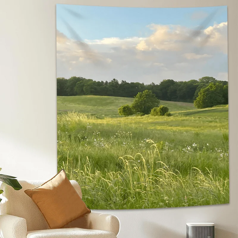 VIKAMA Fresh Countryside Tapestry Green Field White Flowers Living Room Bedroom Bed and Breakfast Decoration Natural Art Wall