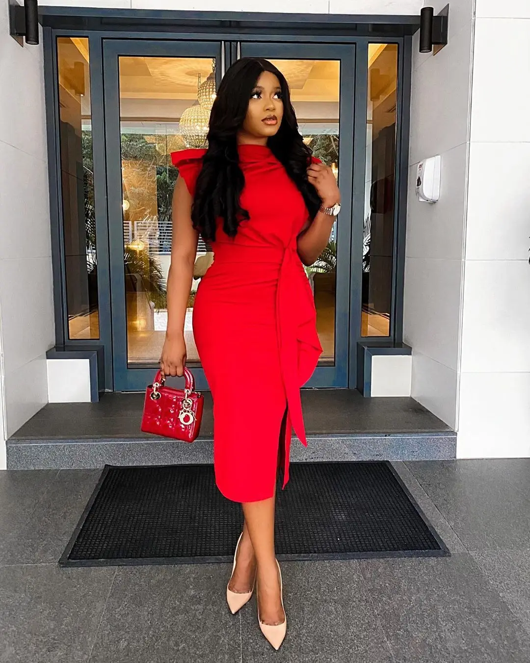 

Women Elegant Temperament Sexy Skinny Red Midi Dress African new Size Female Party Daily Work Wear Split Ruffles Pencil Dress