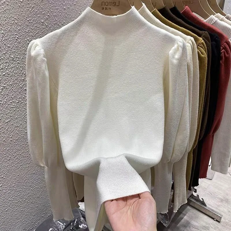 เสื้อสเวตเตอร์ผู้หญิง แขนพอง คอเต่าครึ่งตัว ดีไซน์ทันสมัย สีพื้น สำหรับฤดูใบไม้ร่วงและฤดูหนาว รุ่นใหม่ล่าสุด